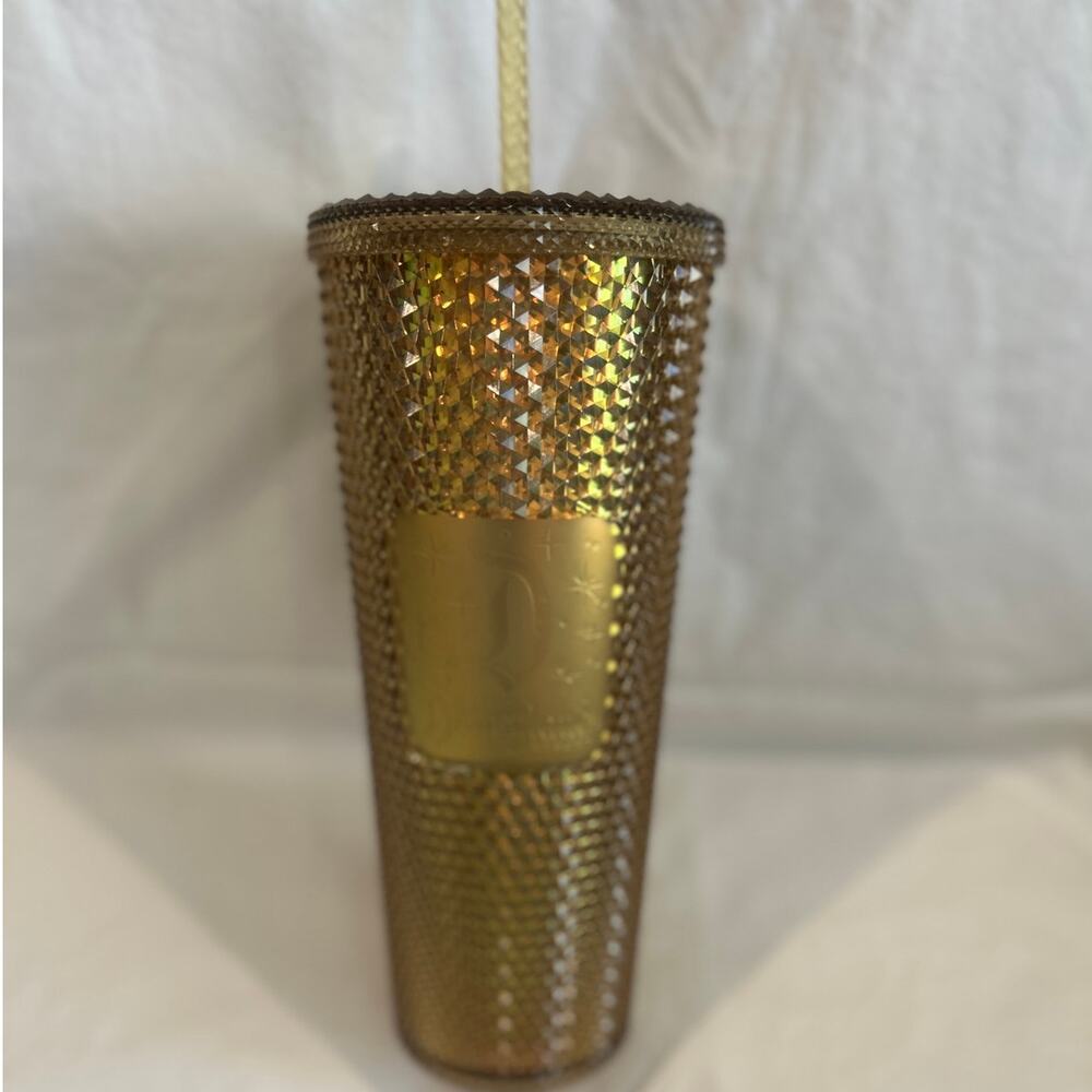 STARBUCKS + DISNEYLAND 50th Anniversary Studded Tumbler w/Straw Iridescent Gold